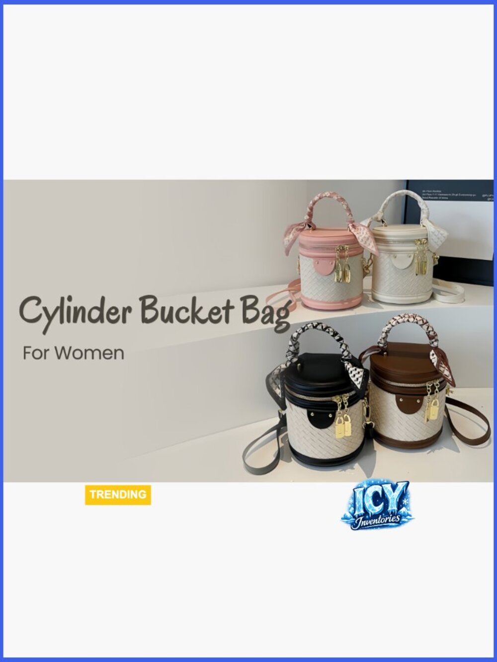 Mini Bucket Crossbody Bag Vegan Leather Woven Texture Zip Closure Shoulder - Picture 7 of 7